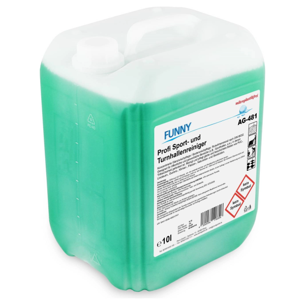 Funny Profi Sport- und Turnhallenreiniger 10-Liter-Kanister, Seitenansicht mit Etikett, AG-481