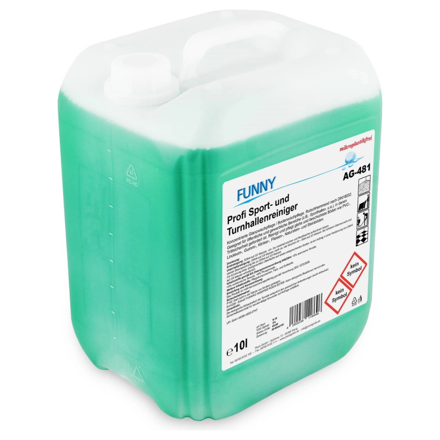 Funny Profi Sport- und Turnhallenreiniger 10-Liter-Kanister, Seitenansicht mit Etikett, AG-481