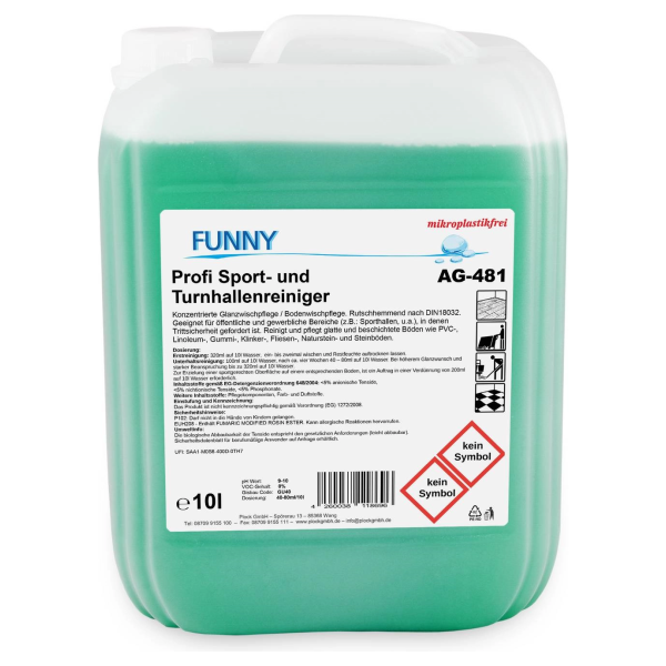 Funny Profi Sport- und Turnhallenreiniger, 10-Liter-Kanister, rutschhemmende Glanzwischpflege nach DIN 18032, AG-481